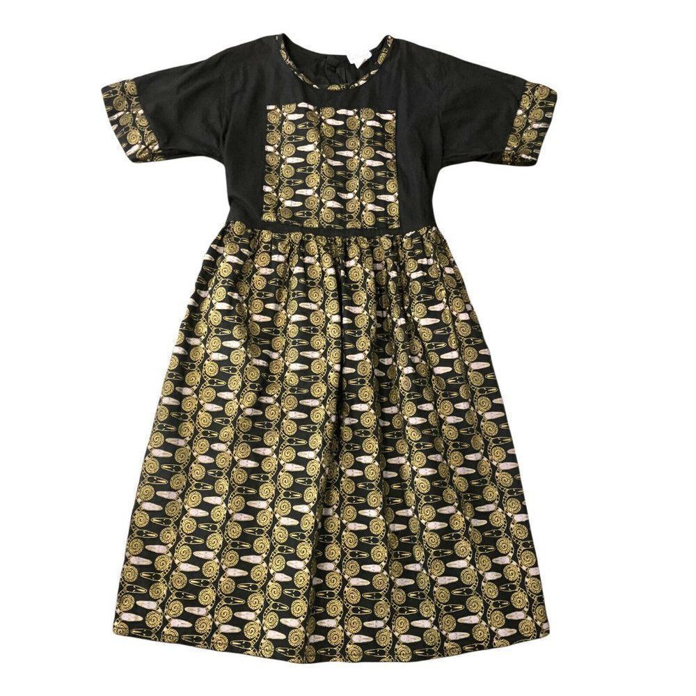 Vintage Nile Queen Size Large Folk Art‎ Print Black Dress Gold Grey Design
